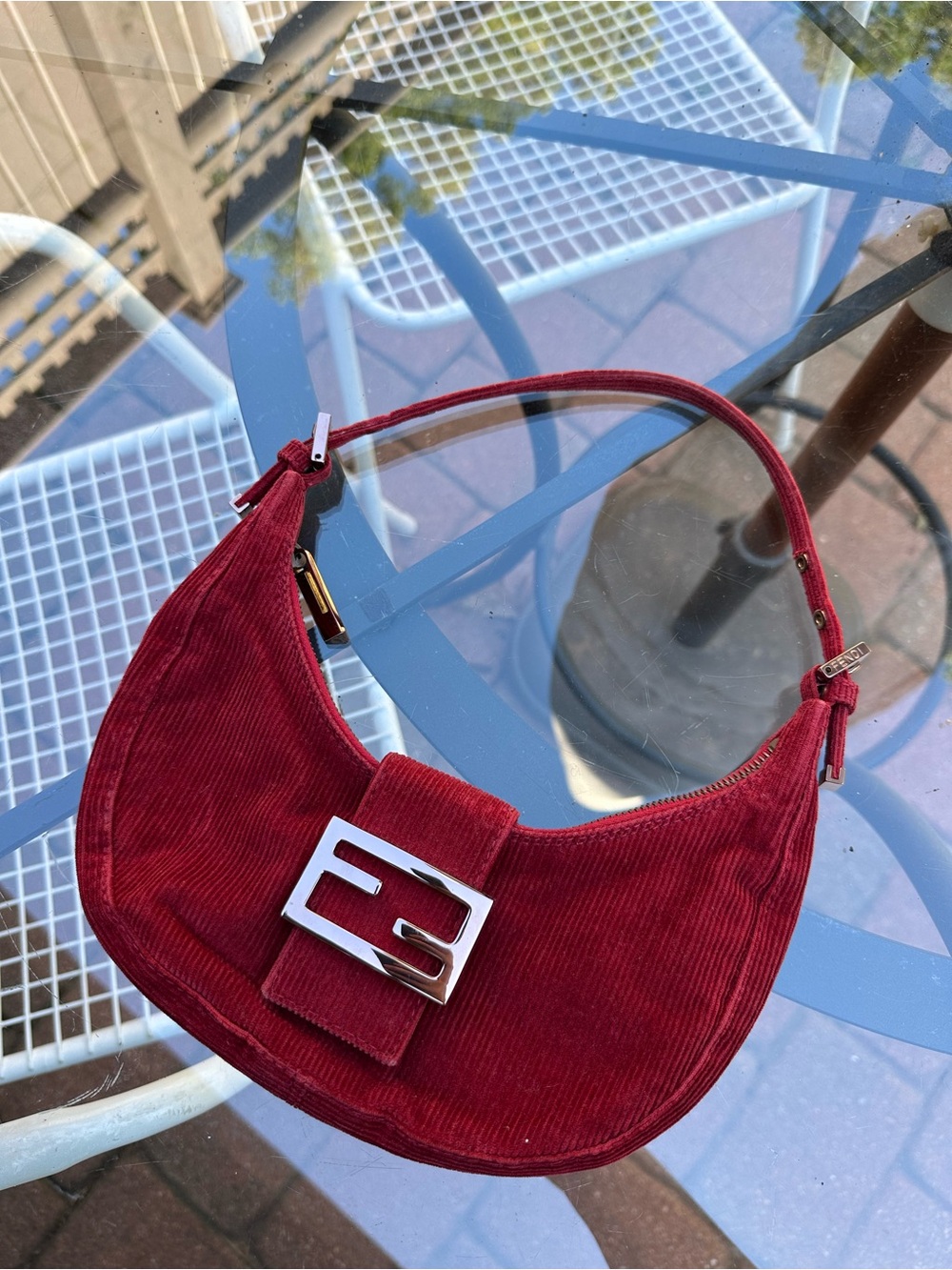 Fendi Burgundy Corduroy Baguette Shoulder Bag